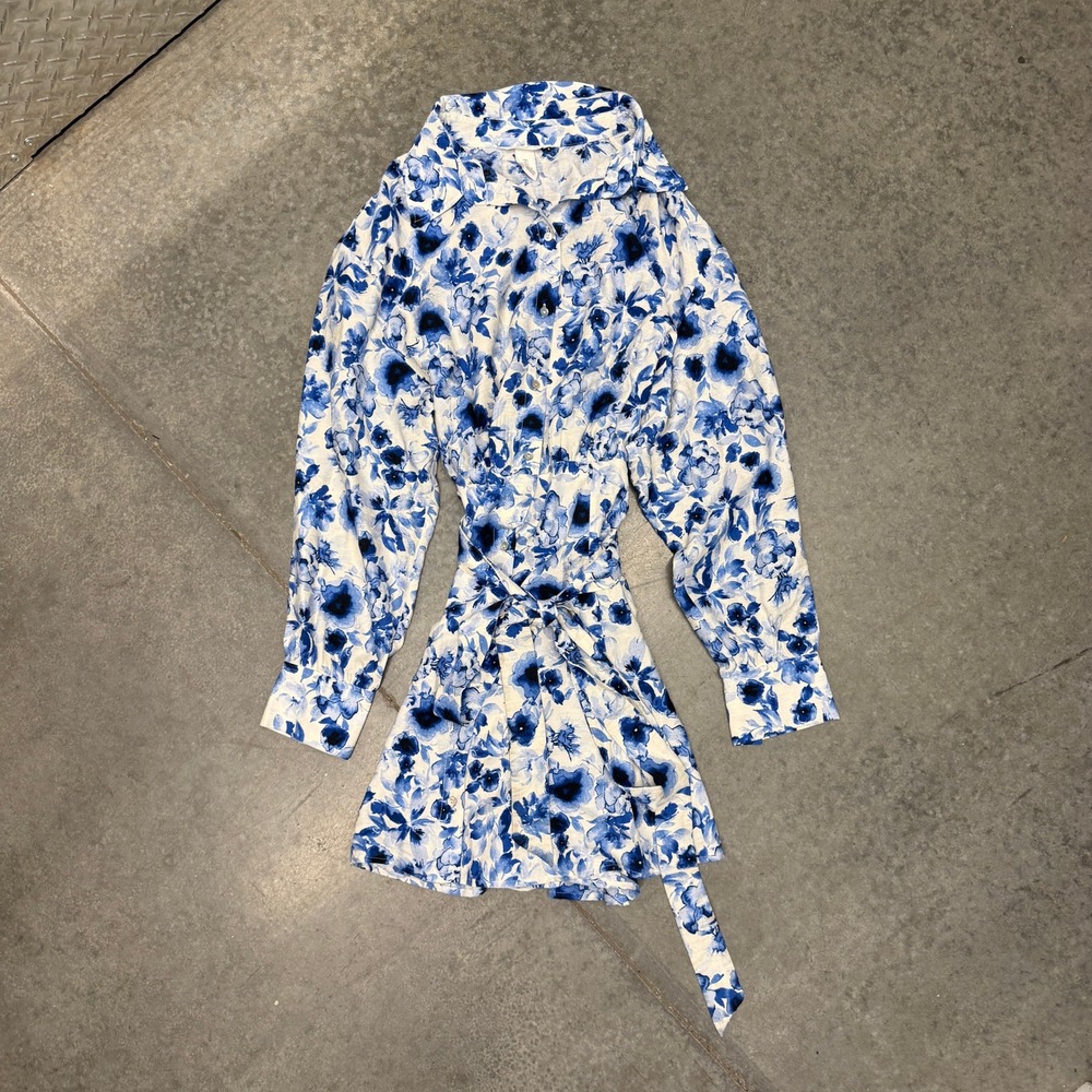 H&M Blue White Floral Long Sleeve Button Down Shirt Dress Belted Size‎ Large
